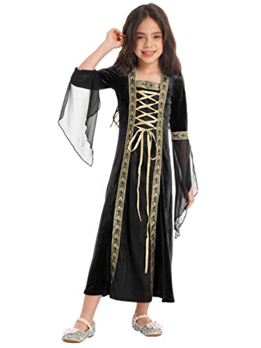 TiaoBug Mädchen Langarm Mittelalter Kleid aus Samt Kinder Prinzessin Partykleid Glockenärmel Samtkleid Süßes Vampire Kostüm Schwarz A 122-128 von TiaoBug
