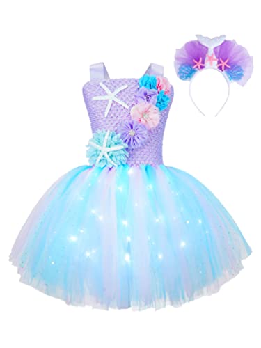 TiaoBug Mädchen Meerjungfrau Kostüm Kinder Prinzessin Kleid Tutu Märchen Motto Party Kleid mit Seestern Schwanz Deko Haarreifen Fasching Karneval Verkleidung Helllila F 98-104 von TiaoBug