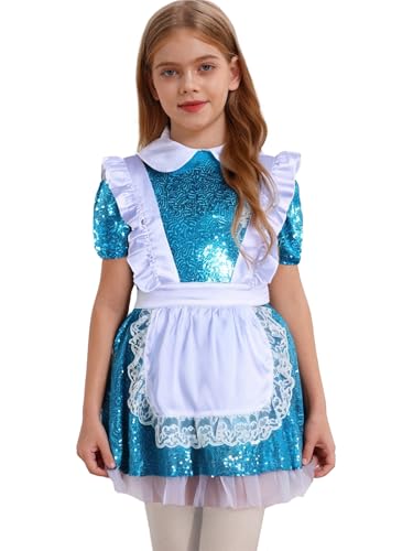 TiaoBug Mädchen Pailletten Prinzessin Kleid Kurze Puffärmel Partykleider mit Puppenkragen Rüschen Schürze Eiskunstlauf Ballett Tanz Bekleidung Blau 134-140 von TiaoBug