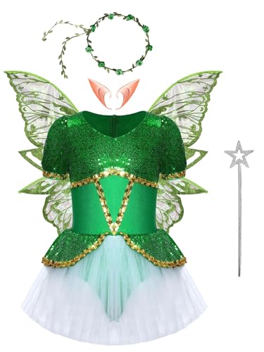 TiaoBug Mädchen Prinzessin Ballettkleidung Kurzarm Pailletten Tutu Kleider Cosplay Kostüm Set mit Feen Flügel Zauberstab Elfen Ohren Haarband gr. 110-170 Grün 158-164 von TiaoBug