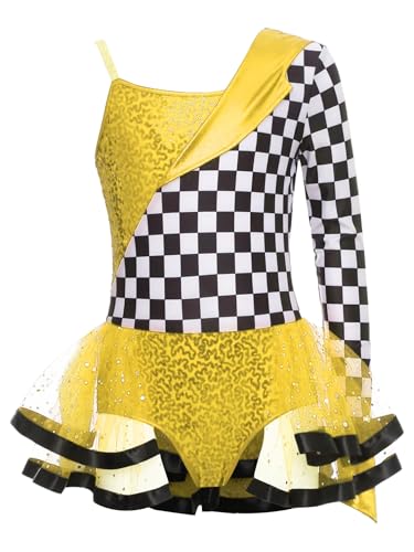 TiaoBug Mädchen Rennfahrer Kleid Ein-Schulter Pailletten Tanzkleider mit Schachbrett Tutu Rock Eiskunstlauf Kostüm Kinder Tanzbekleidung Modern Jazz Outfits Gold 134-140 TiaoBug Mädchen Rennfahrer Kleid Ein-Schulter Pailletten Tanzkleider mit Schachbrett Tutu Rock Eiskunstlauf Kostüm Kinder Tanzbekleidung Modern Jazz Outfits Gold 134-140 von TiaoBug