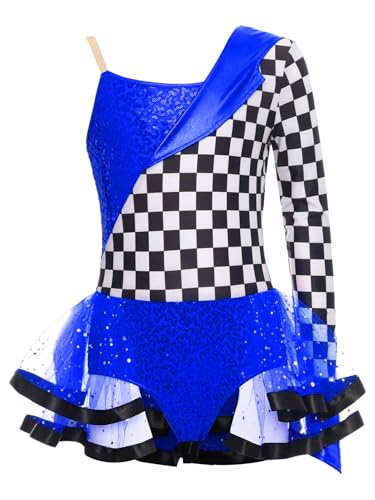 TiaoBug Mädchen Rennfahrer Kleid Ein-Schulter Pailletten Tanzkleider mit Schachbrett Tutu Rock Eiskunstlauf Kostüm Kinder Tanzbekleidung Modern Jazz Outfits Königsblau 170 TiaoBug Mädchen Rennfahrer Kleid Ein-Schulter Pailletten Tanzkleider mit Schachbrett Tutu Rock Eiskunstlauf Kostüm Kinder Tanzbekleidung Modern Jazz Outfits Königsblau 170 von TiaoBug