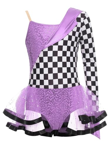 TiaoBug Mädchen Rennfahrer Kleid Ein-Schulter Pailletten Tanzkleider mit Schachbrett Tutu Rock Eiskunstlauf Kostüm Kinder Tanzbekleidung Modern Jazz Outfits Lila 146-152 TiaoBug Mädchen Rennfahrer Kleid Ein-Schulter Pailletten Tanzkleider mit Schachbrett Tutu Rock Eiskunstlauf Kostüm Kinder Tanzbekleidung Modern Jazz Outfits Lila 146-152 von TiaoBug