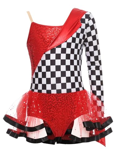 TiaoBug Mädchen Rennfahrer Kleid Ein-Schulter Pailletten Tanzkleider mit Schachbrett Tutu Rock Eiskunstlauf Kostüm Kinder Tanzbekleidung Modern Jazz Outfits Rot 170 TiaoBug Mädchen Rennfahrer Kleid Ein-Schulter Pailletten Tanzkleider mit Schachbrett Tutu Rock Eiskunstlauf Kostüm Kinder Tanzbekleidung Modern Jazz Outfits Rot 170 von TiaoBug