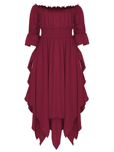 TiaoBug Mädchen Schulterfreies Toga Kleid mit Halbarm Gerafftes Partykleid mit Asymerischem Rock Griechische Königin Midikleid Römerin Cosplay Outfits Burgundy 122-128 von TiaoBug