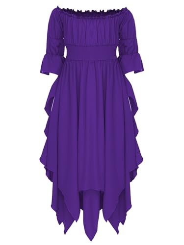 TiaoBug Mädchen Schulterfreies Toga Kleid mit Halbarm Gerafftes Partykleid mit Asymerischem Rock Griechische Königin Midikleid Römerin Cosplay Outfits Violett 170 von TiaoBug