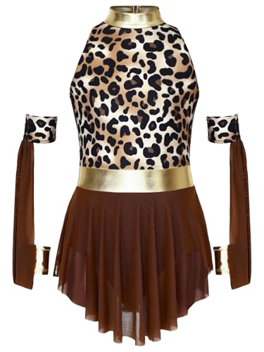 TiaoBug Mädchen Urmenschen Cosplay Kostüm Neckholder Kleid Leopard Print Minikleid Kinder Steinzeit Höhlenmensch Handschuhe Armstulpen von TiaoBug