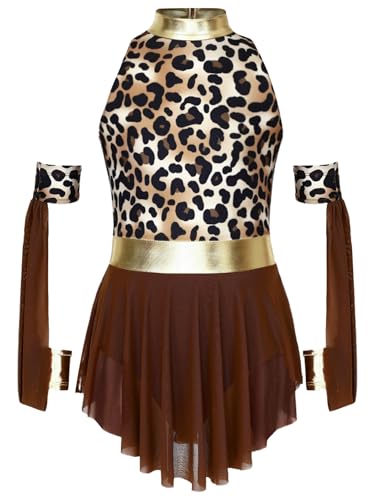 TiaoBug Mädchen Urmenschen Cosplay Kostüm Neckholder Kleid Leopard Print Partykleid mit Handschuhe Armstulpen Kinder Steinzeit Höhlenmensch Uniformen Dunkel Braun 158-164 von TiaoBug