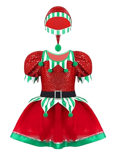 TiaoBug Mädchen Weihnachten Elf Kostüm Pailletten Party Kleid Cosplay Miss Santa Tutu Rock und Hut Festliche Kinder Xmas Neujahr Outfits Rot C 128 von TiaoBug