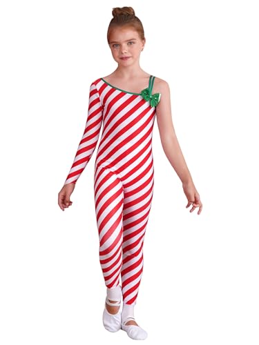 TiaoBug Mädchen Weihnachten Kostüm Rot Weiß/Grün Weiß Gestreift Ganzkörperanzug Zuckerstange Jumpsuit Rüschen Overall Neujahr Party Outfits Rot C 134-140 von TiaoBug