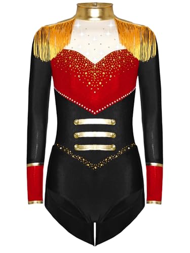 TiaoBug Mädchen Zirkus Direktorin Kostüm Anzug Langarm Tanz Body Mesh Spleiß Trikot mit Röckchen Party Eiskunstlauf Wettbewerb Outfits von TiaoBug