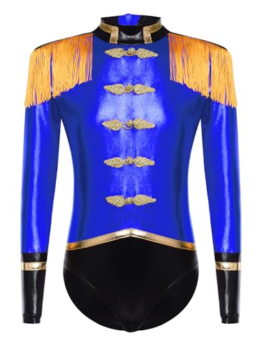 TiaoBug Mädchen Zirkus Direktorin Kostüm Metallic Anzug Langarm Tanz Body Trikot mit Fransen Schultersücke Motto Party Bühne Auftritte Outfits Königsblau 146-152 von TiaoBug