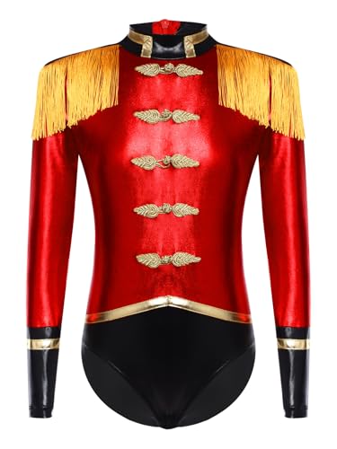 TiaoBug Mädchen Zirkus Direktorin Kostüm Metallic Anzug Langarm Tanz Body Trikot mit Fransen Schultersücke Motto Party Bühne Auftritte Outfits Rot 158-164 von TiaoBug