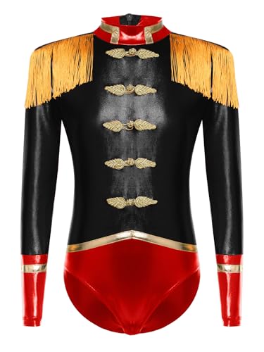 TiaoBug Mädchen Zirkus Direktorin Kostüm Metallic Anzug Langarm Tanz Body Trikot mit Fransen Schultersücke Motto Party Bühne Auftritte Outfits Schwarz 158-164 von TiaoBug