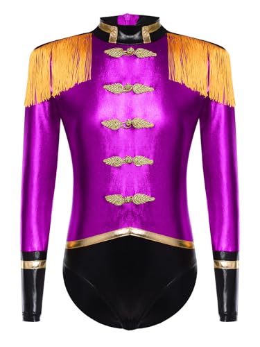 TiaoBug Mädchen Zirkus Direktorin Kostüm Metallic Anzug Langarm Tanz Body Trikot mit Fransen Schultersücke Motto Party Bühne Auftritte Outfits Violett 146-152 von TiaoBug