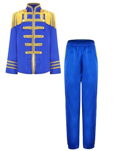 TiaoBug Mädchen Zirkusdirektor Jacke + Lange Hose Stehkragen Blazer mit Fransen Schulterklappe Epauletten Militärische Uniforme Jacket Sakko Pants Königsblau 170 von TiaoBug