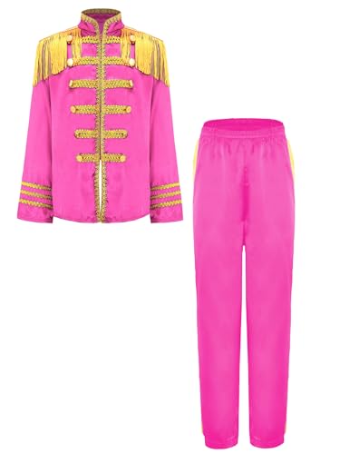 TiaoBug Mädchen Zirkusdirektor Jacke + Lange Hose Stehkragen Blazer mit Fransen Schulterklappe Epauletten Militärische Uniforme Jacket Sakko Pants Rosa 146-152 von TiaoBug