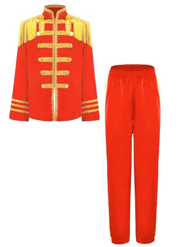 TiaoBug Mädchen Zirkusdirektor Jacke + Lange Hose Stehkragen Blazer mit Fransen Schulterklappe Epauletten Militärische Uniforme Jacket Sakko Pants Rot 158-164 von TiaoBug