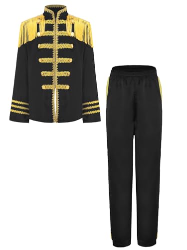 TiaoBug Mädchen Zirkusdirektor Jacke + Lange Hose Stehkragen Blazer mit Fransen Schulterklappe Epauletten Militärische Uniforme Jacket Sakko Pants Schwarz 134-140 von TiaoBug