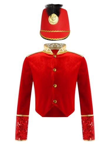 TiaoBug Mädchen Zirkusdirektor Jacke Stehkragen Crop Top Blazer Uniformen Mantel Militärische Jacket mit Soldaten Mütze Rot 122-128 von TiaoBug