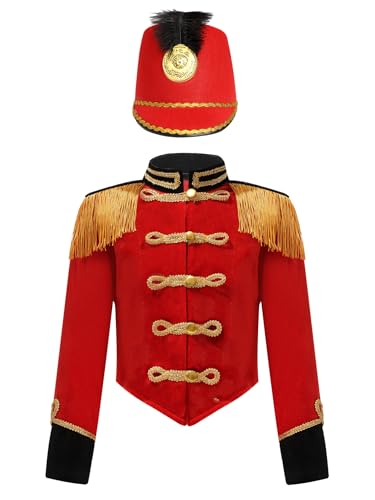 TiaoBug Mädchen Zirkusdirektor Jacke mit Fransen Schulterklappe Epauletten Uniform Militärischer Blazer Mantel Jacket mit Soldaten Mütze Rot 158-164 TiaoBug Mädchen Zirkusdirektor Jacke mit Fransen Schulterklappe Epauletten Uniform Militärischer Blazer Mantel Jacket mit Soldaten Mütze Rot 158-164 von TiaoBug