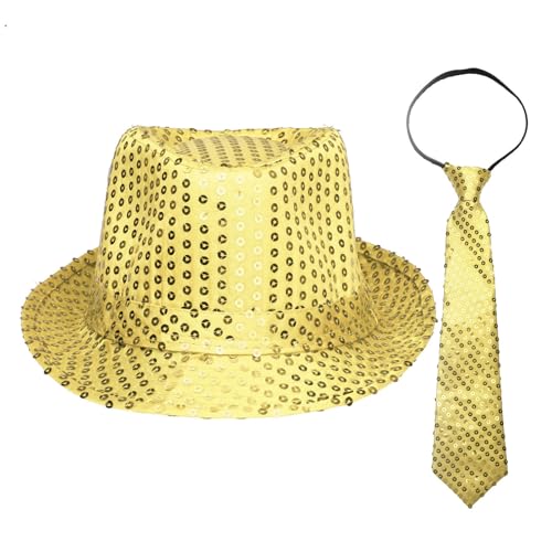 TiaoBug Paillettenmütze mit Modischer Krawatte Mardi Gras Kostüm Zubehör Jazz Hut Kopfabdeckung Cosplay Dance Karneval Verkleidung Accessoires Gold L von TiaoBug