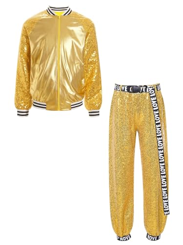 TiaoBug Unisex Kinder 80er Jahre Outfits Trainingsanzug Retro Kostüm Metallic Jogginganzug Pailletten Jacke und Hose Disco Jazz Tanz Kleidung Set Gold 146-152 TiaoBug Unisex Kinder 80er Jahre Outfits Trainingsanzug Retro Kostüm Metallic Jogginganzug Pailletten Jacke und Hose Disco Jazz Tanz Kleidung Set Gold 146-152 von TiaoBug