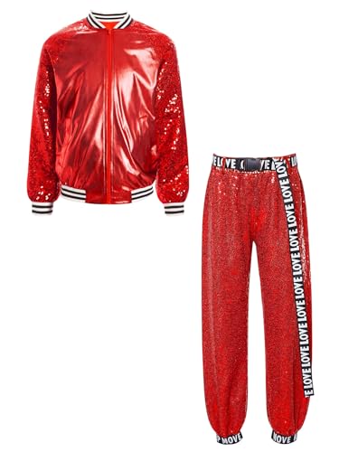 TiaoBug Unisex Kinder 80er Jahre Outfits Trainingsanzug Retro Kostüm Metallic Jogginganzug Pailletten Jacke und Hose Disco Jazz Tanz Kleidung Set Rot 146-152 TiaoBug Unisex Kinder 80er Jahre Outfits Trainingsanzug Retro Kostüm Metallic Jogginganzug Pailletten Jacke und Hose Disco Jazz Tanz Kleidung Set Rot 146-152 von TiaoBug