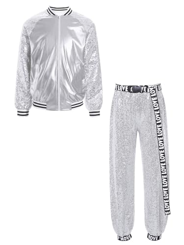 TiaoBug Unisex Kinder 80er Jahre Outfits Trainingsanzug Retro Kostüm Metallic Jogginganzug Pailletten Jacke und Hose Disco Jazz Tanz Kleidung Set Silber 134-140 TiaoBug Unisex Kinder 80er Jahre Outfits Trainingsanzug Retro Kostüm Metallic Jogginganzug Pailletten Jacke und Hose Disco Jazz Tanz Kleidung Set Silber 134-140 von TiaoBug