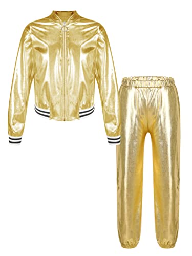 TiaoBug Unisex Kinder 80er Jahre Trainingsanzug Retro Kostüm Metallic Jogger Jogginganzug Jacke und Hose Disco Jazz Tanz Outfits Set Gold 146-152 TiaoBug Unisex Kinder 80er Jahre Trainingsanzug Retro Kostüm Metallic Jogger Jogginganzug Jacke und Hose Disco Jazz Tanz Outfits Set Gold 146-152 von TiaoBug