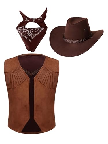 TiaoBug Unisex Kinder Western Cowboy Kostüm Wildleder Weste mit Hut und Bandana Paisley Muster Halstuch Halloween Karneval Cosplay Outfits Braun 170 TiaoBug Unisex Kinder Western Cowboy Kostüm Wildleder Weste mit Hut und Bandana Paisley Muster Halstuch Halloween Karneval Cosplay Outfits Braun 170 von TiaoBug