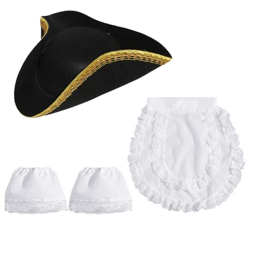 TiaoBug Unisex Piraten Kostüm Set Breit Krempe Dreispitz Piratenhut mit Spitze Halskragen Manschetten Mottoparty Pirate Cosplay Performance Typ B Set One Size von TiaoBug
