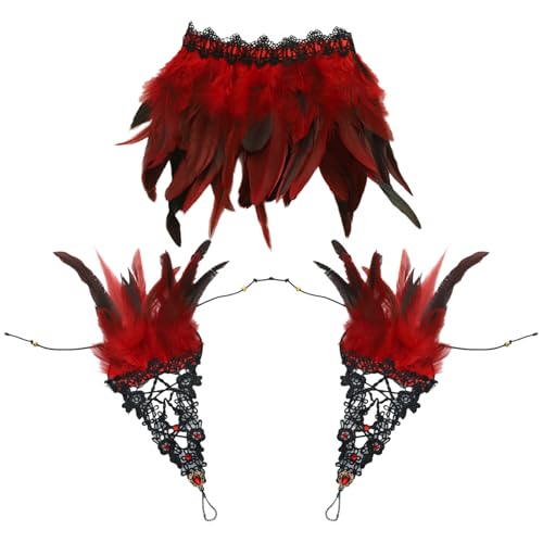 TiaoBug Viktorianische Natürliche Feder Spitze Halskrause mit Handgelenk Manschetten Armbänder Set Gothic Punk Feder Halschoker Fasching Rot B One Size TiaoBug Viktorianische Natürliche Feder Spitze Halskrause mit Handgelenk Manschetten Armbänder Set Gothic Punk Feder Halschoker Fasching Rot B One Size von TiaoBug