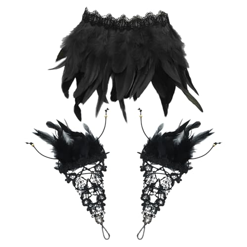 TiaoBug Viktorianische Natürliche Feder Spitze Halskrause mit Handgelenk Manschetten Armbänder Set Gothic Punk Feder Halschoker Fasching Schwarz B One Size TiaoBug Viktorianische Natürliche Feder Spitze Halskrause mit Handgelenk Manschetten Armbänder Set Gothic Punk Feder Halschoker Fasching Schwarz B One Size von TiaoBug