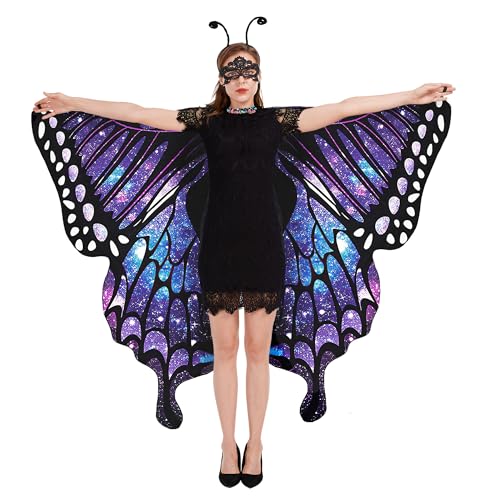 Tibeha Schmetterlingsflügel für Frauen Erwachsene - Doppelseitiger Druck Kostüm Halloween Umhang mit Maske und Antennen-Stirnband von Tibeha