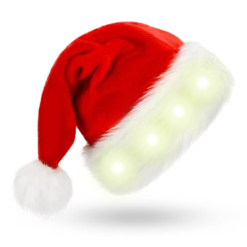 LED Weihnachtsmütze, Erwachsene Weihnachtsmütze Rot, Nikolausmütze mit leuchtendem, Santa Mütze Nikolaus Dicker Fellrand aus Plüsch Weihnachtsmützen für Weihnachten Neujahr festliche Feiertagsparty von Tibroni