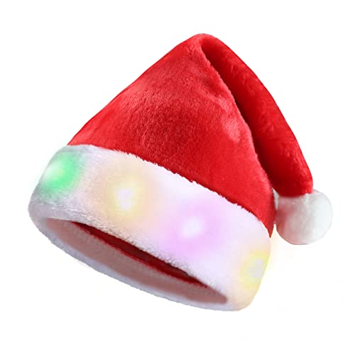 Tibroni LED Weihnachtsmütze, Kind Weihnachtsmütze Rot, Nikolausmütze mit leuchtendem, Santa Mütze Nikolaus Dicker Fellrand aus Plüsch Weihnachtsmützen für Weihnachten Neujahr festliche Feiertagsparty von Tibroni