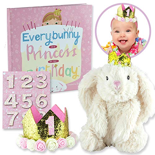 Geburtstags-Häschen-Geschenkset für Baby-Kleinkind-Mädchen – enthält Buch, Häschen, Prinzessinnenkrone mit austauschbaren Aufklebern. Jedes Häschen ist an seinem Geburtstag eine Prinzessin! von Tickle & Main