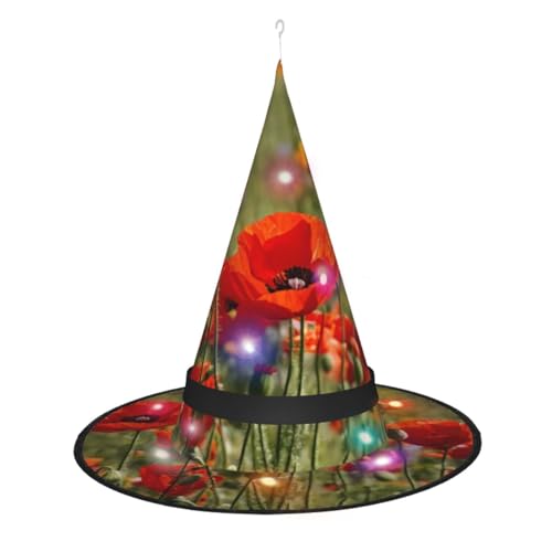 TietYaer Hexenhut mit Mohnblumen-Druck, Halloween, Hexenhut, Zauberer, Cosplay, LED-Licht, Halloween-Dekoration, Kegel, Hexenhut für Erwachsene von TietYaer