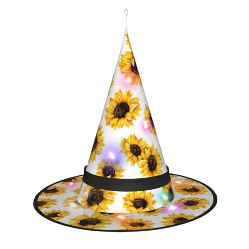 TietYaer Hexenhut mit Sonnenblumen-Druck, Halloween, Hexenhut, Zauberer, Cosplay, LED-Licht, Halloween-Dekoration, Kegel, Hexenhut für Erwachsene von TietYaer