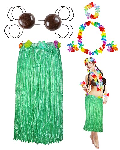 6-teiliges Kokosnuss-BH, hawaiianisches Gras, Hula-Rock, Kostüm-Set, Tanz-Leis-Outfits für Erwachsene, Frauen, Mädchen, Luau-Partyzubehör (grün, 80 cm) von Tigeen