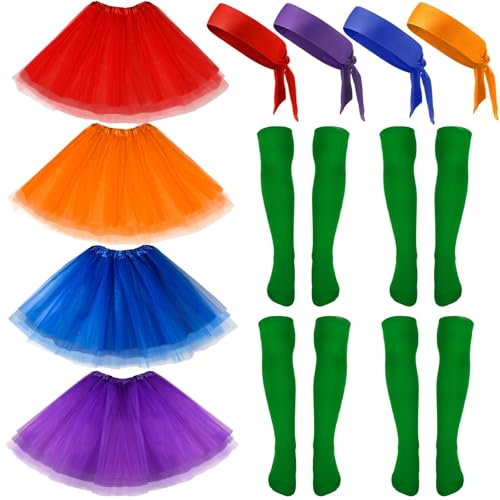 Tigeen 12 Stück Halloween Damen Tutu 80er Jahre Kostüm 90er Jahre Zubehör Verstellbare Kopfbänder Tüllrock Grüne Socken, Mehrfarbig, M von Tigeen