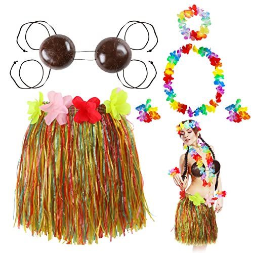Tigeen 6 Stück Kokosnuss-BH, hawaiianisches Gras, Hula-Rock, Kostüm-Set, Tanz-Leis-Outfits für Erwachsene, Frauen, Mädchen, Luau-Partyzubehör (bunt, 40 cm) von Tigeen
