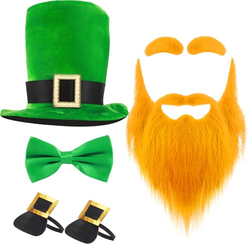 Tigeen Koboldkostüm, grün, St. Patrick's Day, inklusive Koboldhut, lange künstliche Bärte, Schnurrbärte mit Augenbrauen, 4 Stück (goldfarben) von Tigeen