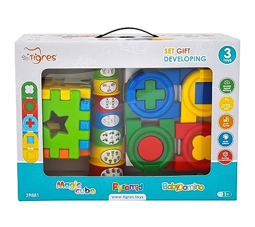 Tigres Lernspielzeug-Set, 3-in-1 Motorikspielzeug mit Sortierwürfel, Stapelpyramide und Domino-Puzzle, Entwicklungsspielzeug ab 1 Jahr, Mehrfarbig von Tigres