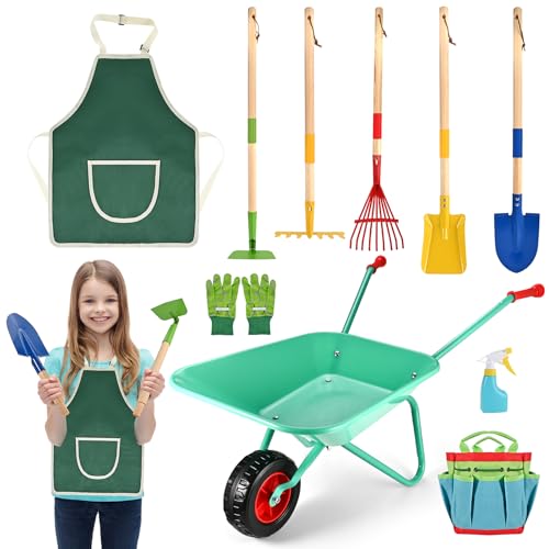 Tigvio 10 Stück Kinder Gartengeräte mit Schubkarre, 5pcs Gartenwerkzeug Schaufel Set, Handschuhe, Schürze, Gießkanne, Aufbewahrungstasche, Kinderschubkarre Geschenk für Gärtner von Tigvio