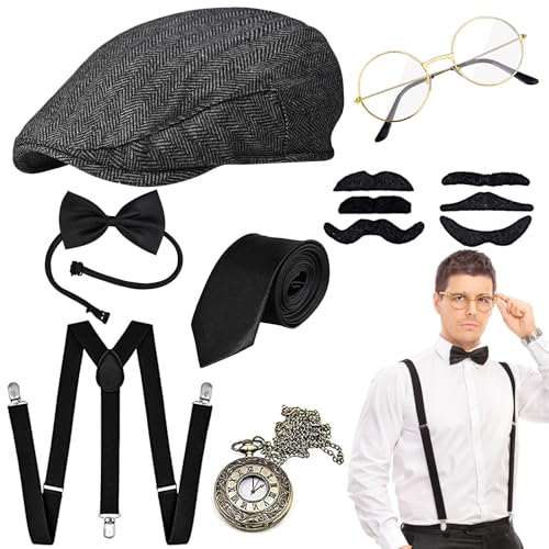 Tigvio 20er Jahre Kostüm Herren, Mafia Kostüm Herren Peaky Blinders Kostüm, Gatsby Gangster 20er Jahre Accessoires mit Panamahut Hosenträger Taschenuhren Brille Fliege Krawatte Bärte für Herren Tigvio 20er Jahre Kostüm Herren, Mafia Kostüm Herren Peaky Blinders Kostüm, Gatsby Gangster 20er Jahre Accessoires mit Panamahut Hosenträger Taschenuhren Brille Fliege Krawatte Bärte für Herren von Tigvio