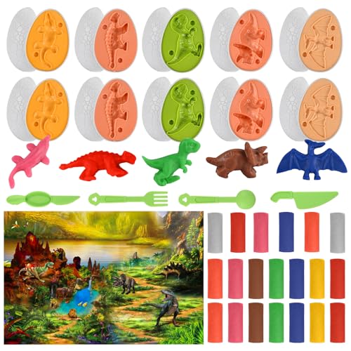 Tigvio 35 Stück Ostereier Knete Zubehör, Knetwerkzeug Knete ab 2 3 4 5 6 Jahre Knete Set mit 10 Dinosaurier Ostereier Formen und 20 Spielknete, Osterparty Geschenke für Kinder Jungen und Mädchen von Tigvio