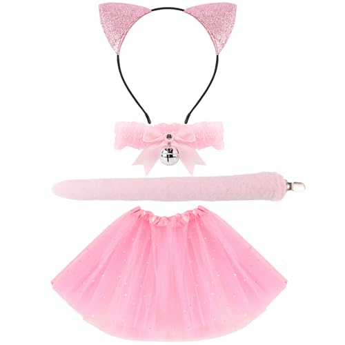 Tihebax Katzenkostüm-Set für Frauen und Mädchen, rosa Katzenohren Stirnband und Schwanz, Fliege mit Glocke und Rock für Cosplay, Partys, Halloween Tihebax Katzenkostüm-Set für Frauen und Mädchen, rosa Katzenohren Stirnband und Schwanz, Fliege mit Glocke und Rock für Cosplay, Partys, Halloween von Tihebax