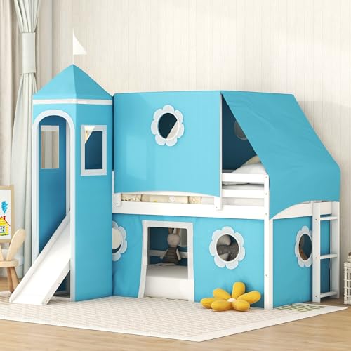 Etagenbett in Doppelbettgröße mit Rutsche, Zelt und Turm, schlossähnliches Holzbett mit stabiler Konstruktion und geräumigem Platz unter dem Bett, kein Boxspringbett erforderlich, 204 cm L x 108 cm B Etagenbett in Doppelbettgröße mit Rutsche, Zelt und Turm, schlossähnliches Holzbett mit stabiler Konstruktion und geräumigem Platz unter dem Bett, kein Boxspringbett erforderlich, 204 cm L x 108 cm B von Tiiiopkvvv